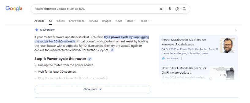Example of an AI Overview pulling step-based troubleshooting guidance directly from structured documentation.